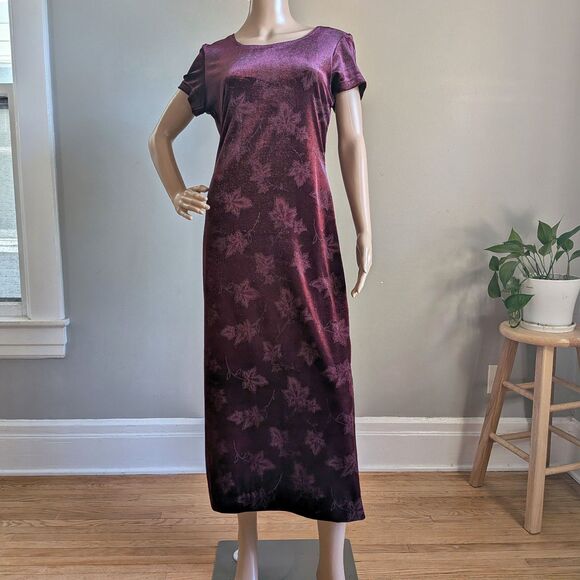 Vintage 90s Lisa Jo Velvet Maxi Dress Glitter Floral Burgundy Whimsigoth Size 5 - Picture 10 of 11